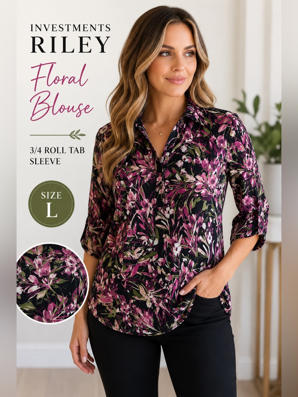 Investments Riley Floral Blouse Black Pink 3/4 Sleeve Size Large